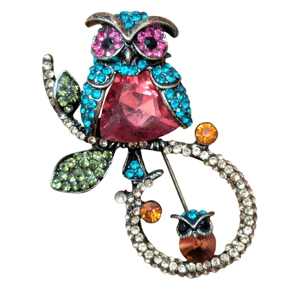 Colorful Bird Brooch -Baby and Mom Owl Rhinestone Jewelry